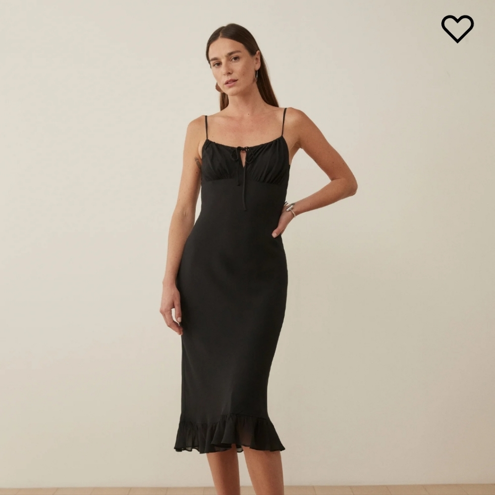 Reformation Black Midi Slip Dress with Ruffle Hem